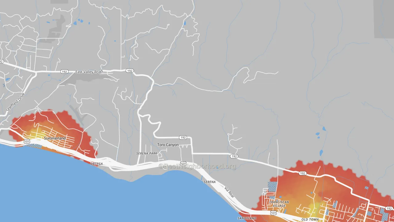 Walk Grade map of Toro Canyon, CA, walkable areas in green and car-dependent areas in red