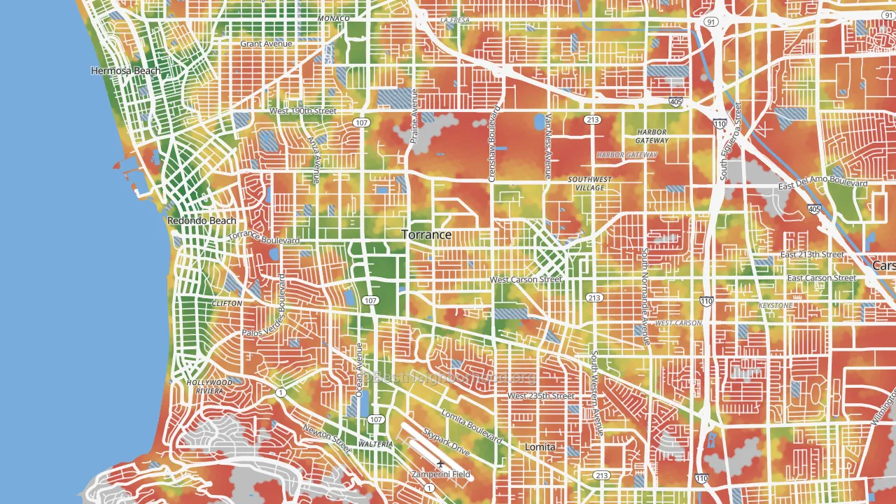 Walk Grade map of Torrance, CA, walkable areas in green and car-dependent areas in red