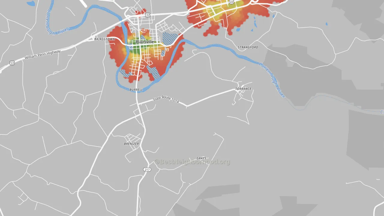 Walk Grade map of Torrance, PA, walkable areas in green and car-dependent areas in red