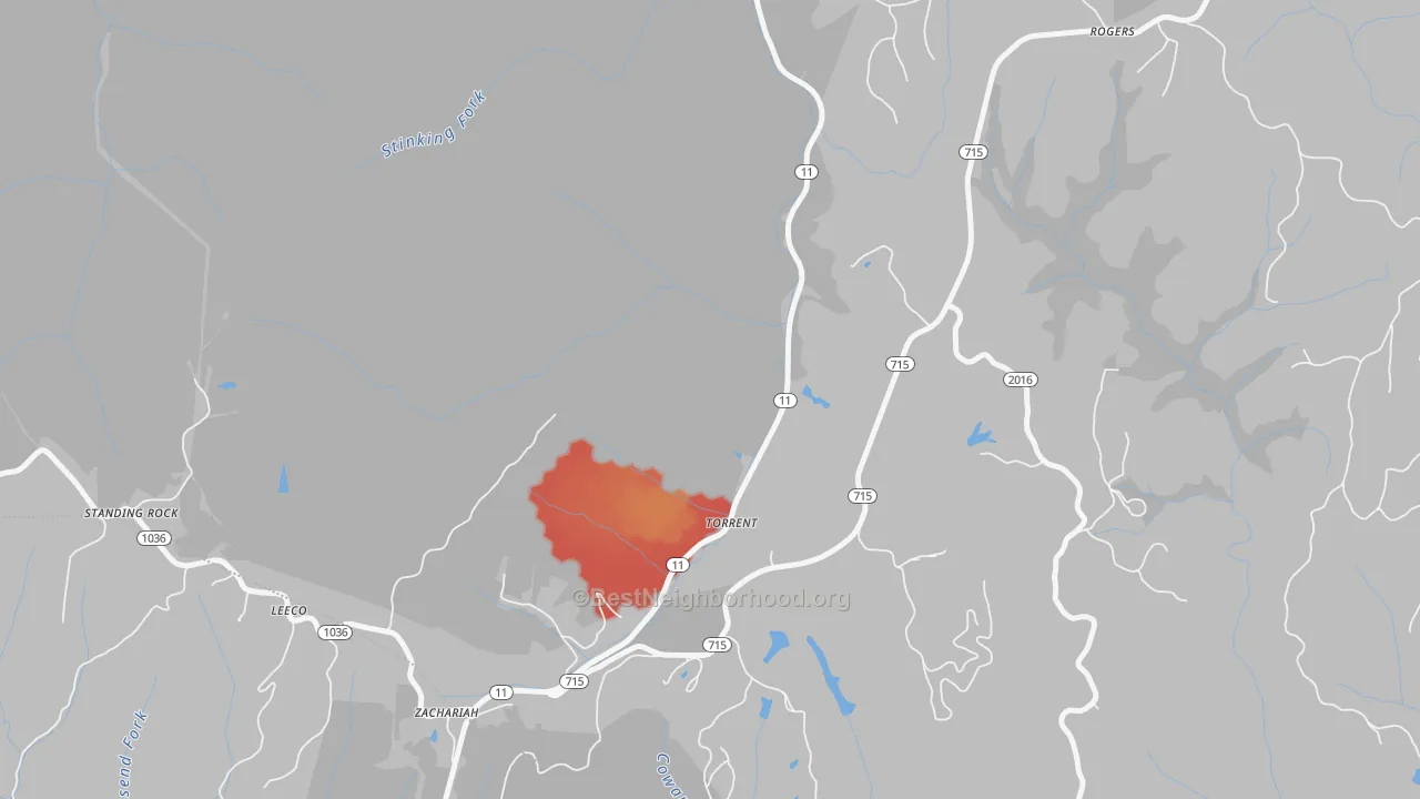 Walk Grade map of Torrent, KY, walkable areas in green and car-dependent areas in red