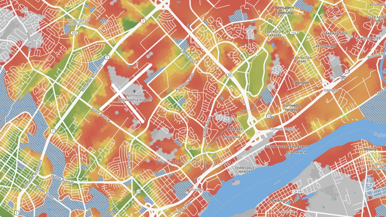 Walk Grade map of Torresdale, Philadelphia, PA, walkable areas in green and car-dependent areas in red