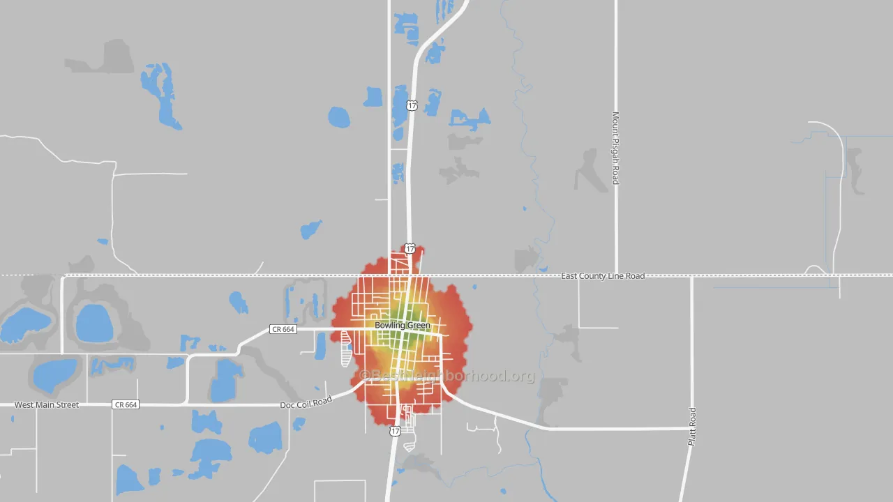 Walk Grade map of Torrey, FL, walkable areas in green and car-dependent areas in red