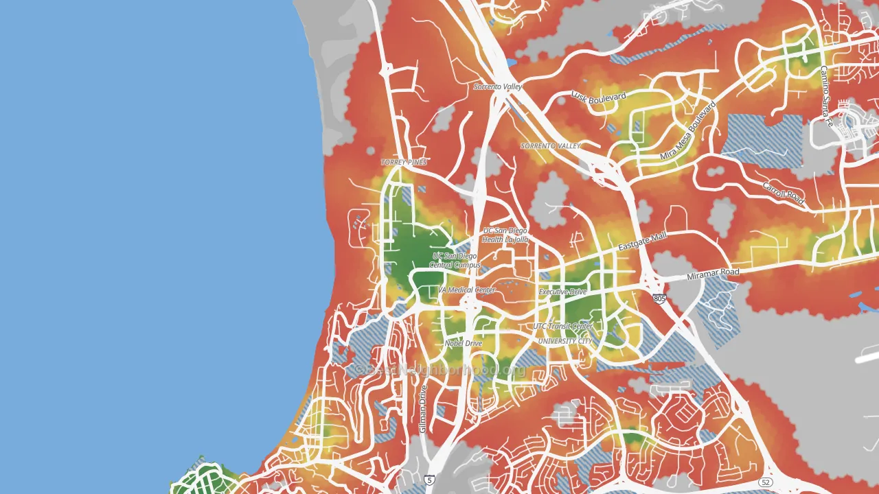 Walk Grade map of Torrey Pines, San Diego, CA, walkable areas in green and car-dependent areas in red