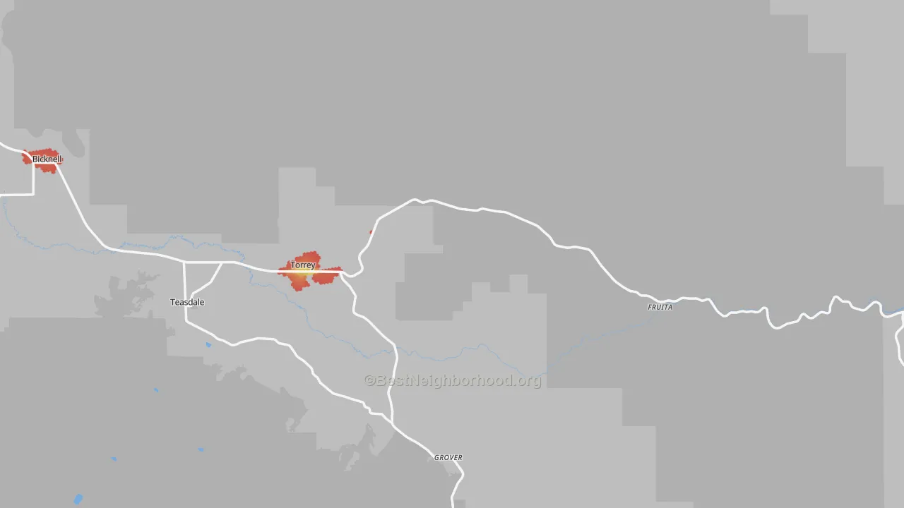 Walk Grade map of Torrey, UT, walkable areas in green and car-dependent areas in red