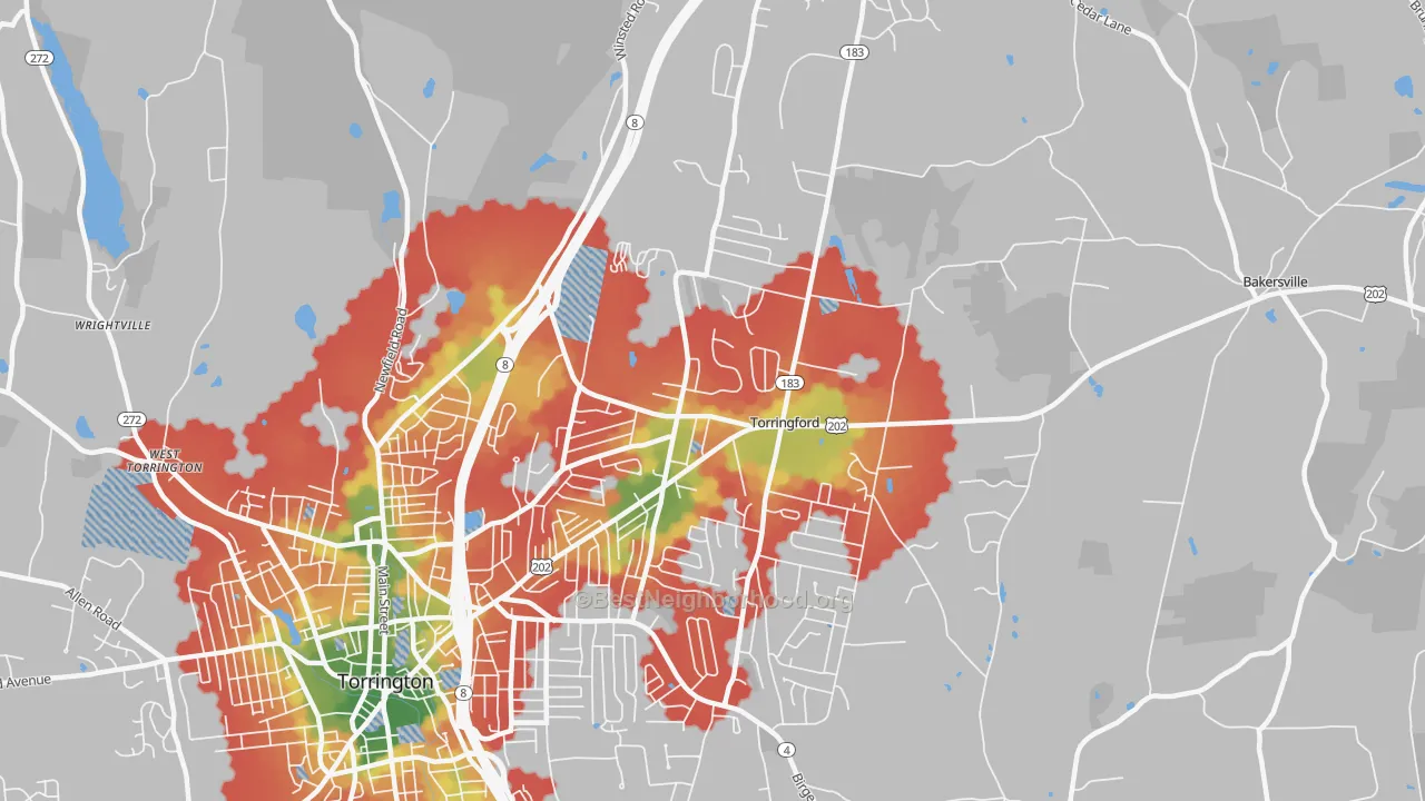 Walk Grade map of Torringford, Torrington, CT, walkable areas in green and car-dependent areas in red