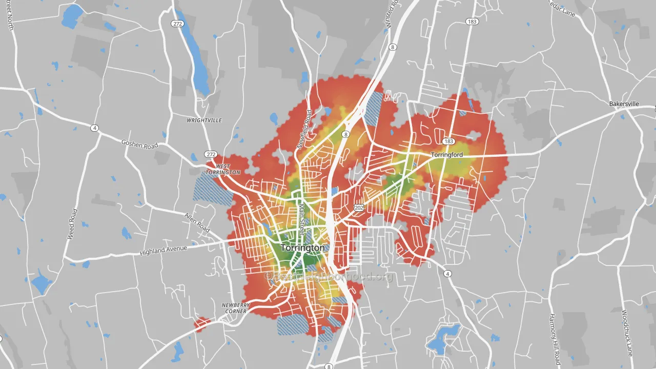 Walk Grade map of Torrington, CT, walkable areas in green and car-dependent areas in red
