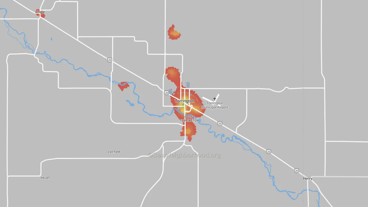 Walk Grade map of Torrington, WY, walkable areas in green and car-dependent areas in red