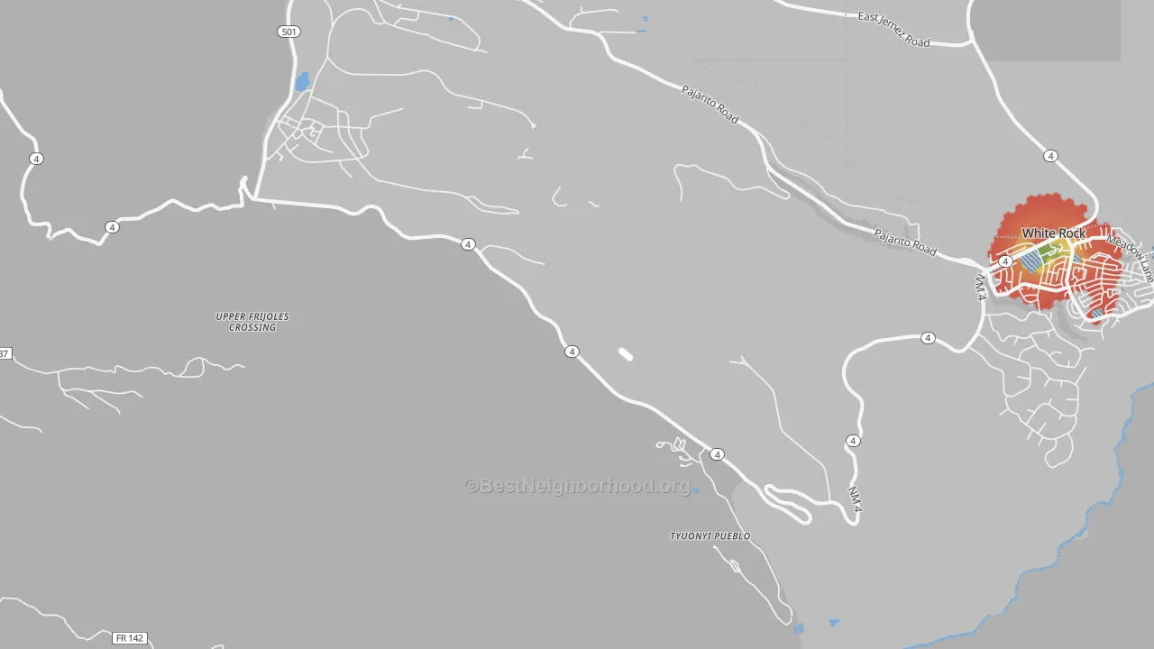 Walk Grade map of Totavi, NM, walkable areas in green and car-dependent areas in red