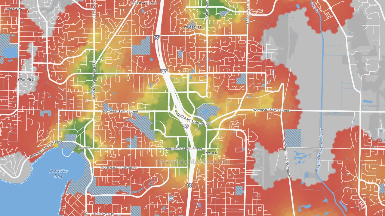Walk Grade map of Totem Lake, Kirkland, WA, walkable areas in green and car-dependent areas in red