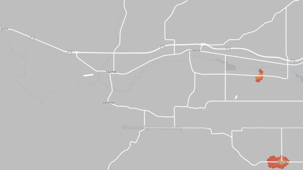 Walk Grade map of Touchet, WA, walkable areas in green and car-dependent areas in red