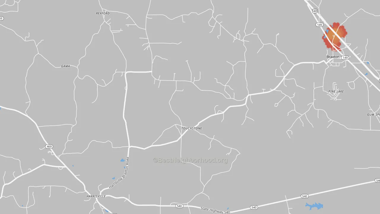 Walk Grade map of Touchstone, MS, walkable areas in green and car-dependent areas in red