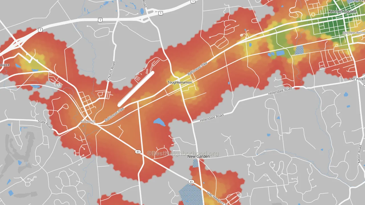 Walk Grade map of Toughkenamon, PA, walkable areas in green and car-dependent areas in red