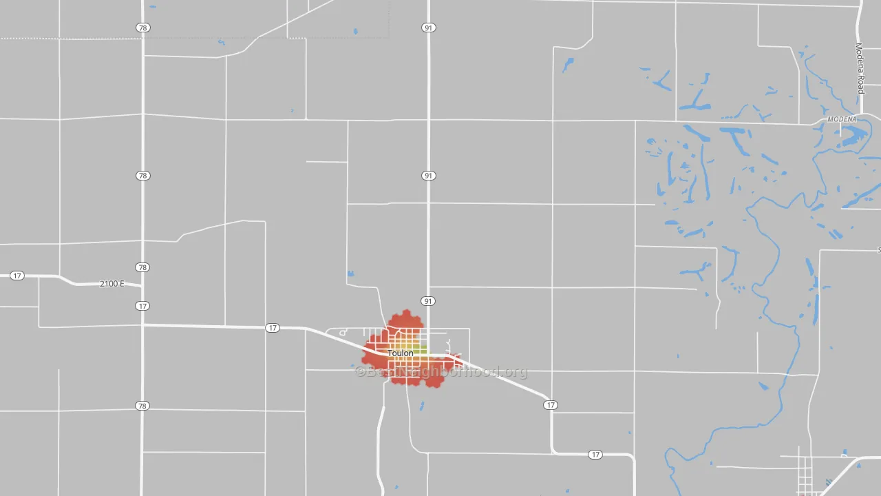 Walk Grade map of Toulon, IL, walkable areas in green and car-dependent areas in red