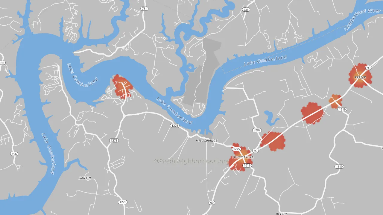 Walk Grade map of Touristville, KY, walkable areas in green and car-dependent areas in red