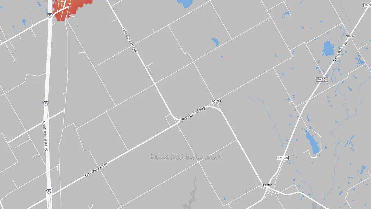 Walk Grade map of Tours, TX, walkable areas in green and car-dependent areas in red