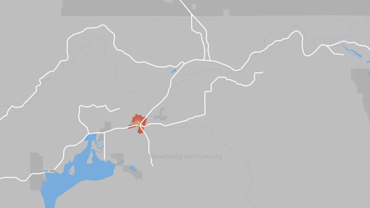 Walk Grade map of Toutle, WA, walkable areas in green and car-dependent areas in red