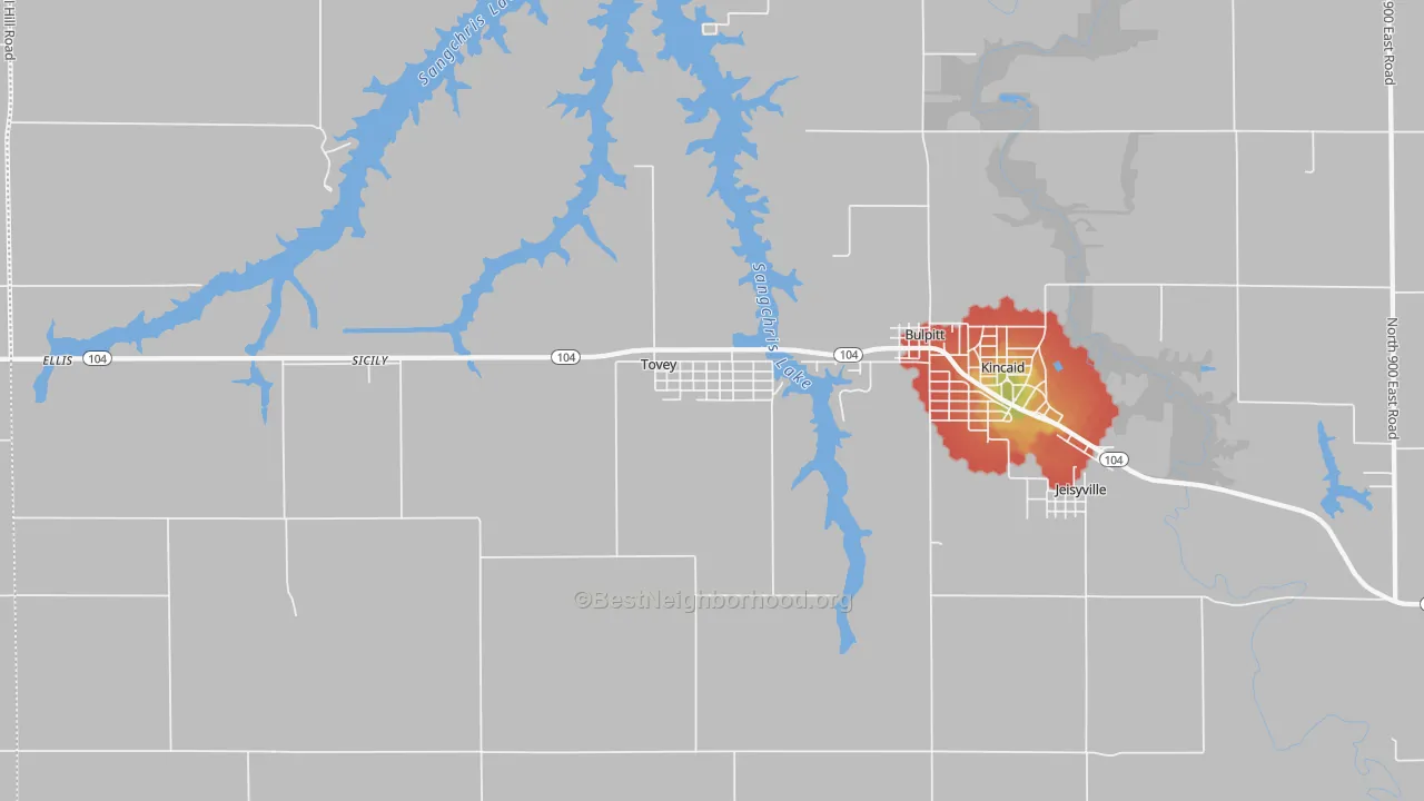 Walk Grade map of Tovey, IL, walkable areas in green and car-dependent areas in red