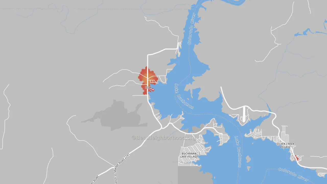 Walk Grade map of Tow, TX, walkable areas in green and car-dependent areas in red
