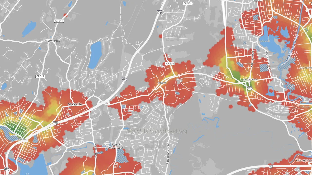 Walk Grade map of Towaco, NJ, walkable areas in green and car-dependent areas in red