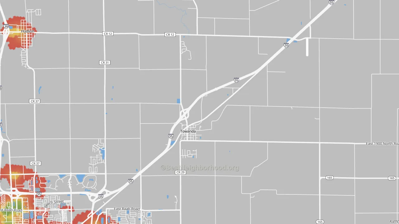 Walk Grade map of Towanda, IL, walkable areas in green and car-dependent areas in red