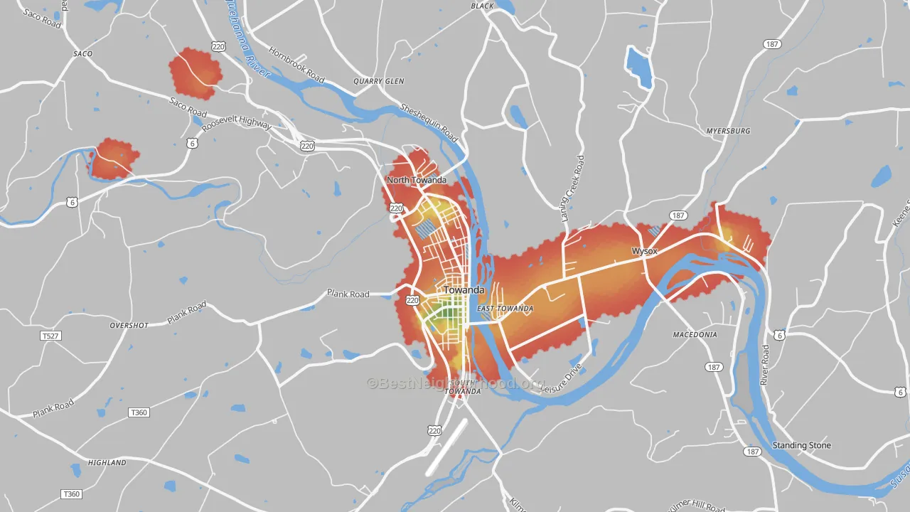 Walk Grade map of Towanda, PA, walkable areas in green and car-dependent areas in red