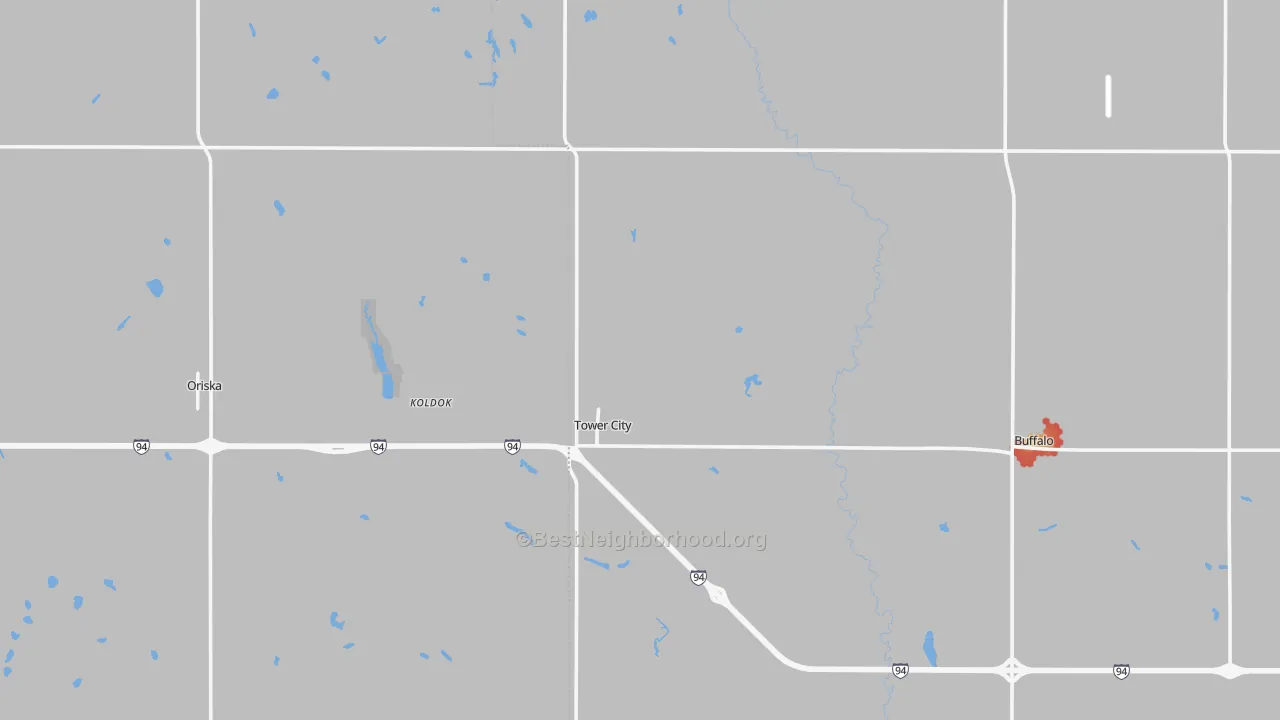 Walk Grade map of Tower City, ND, walkable areas in green and car-dependent areas in red