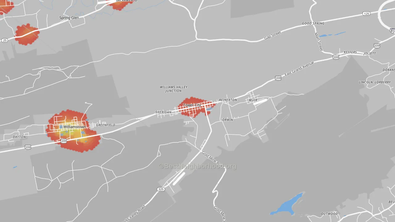Walk Grade map of Tower City, PA, walkable areas in green and car-dependent areas in red