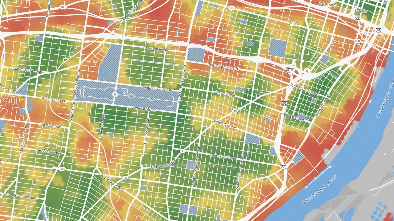 Walk Grade map of Tower Grove East, St. Louis, MO, walkable areas in green and car-dependent areas in red