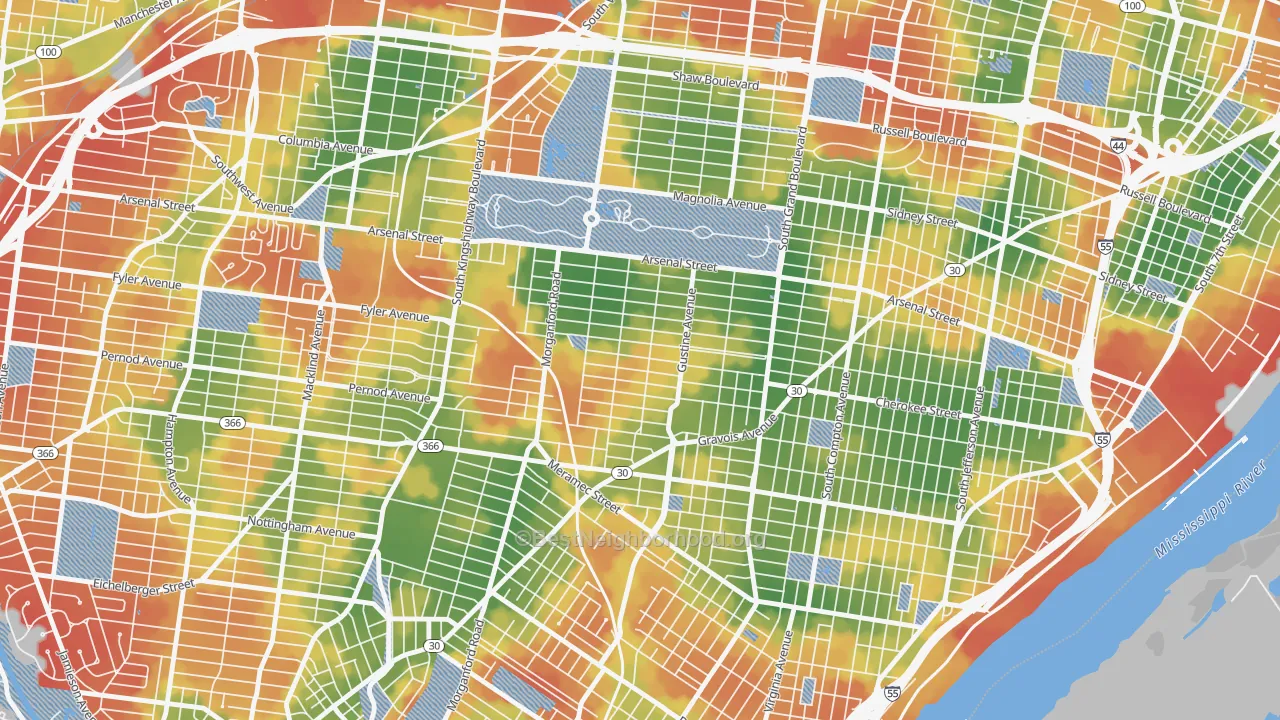 Walk Grade map of Tower Grove South, St. Louis, MO, walkable areas in green and car-dependent areas in red