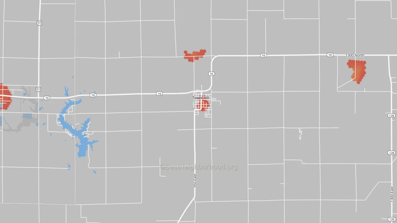 Walk Grade map of Tower Hill, IL, walkable areas in green and car-dependent areas in red