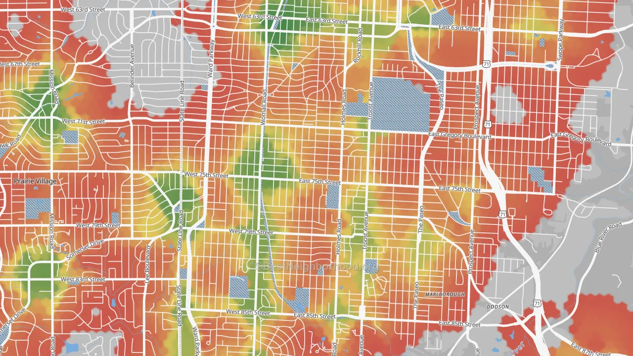 Walk Grade map of Tower Homes, Kansas City, MO, walkable areas in green and car-dependent areas in red