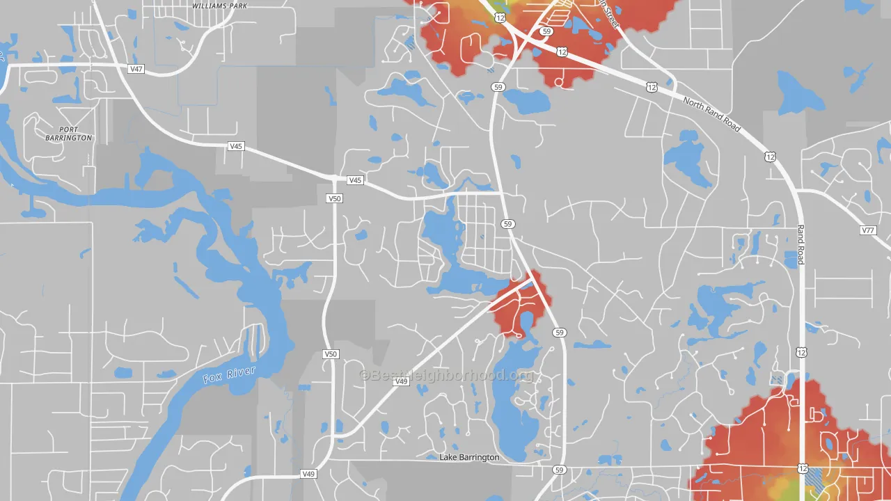 Walk Grade map of Tower Lakes, IL, walkable areas in green and car-dependent areas in red