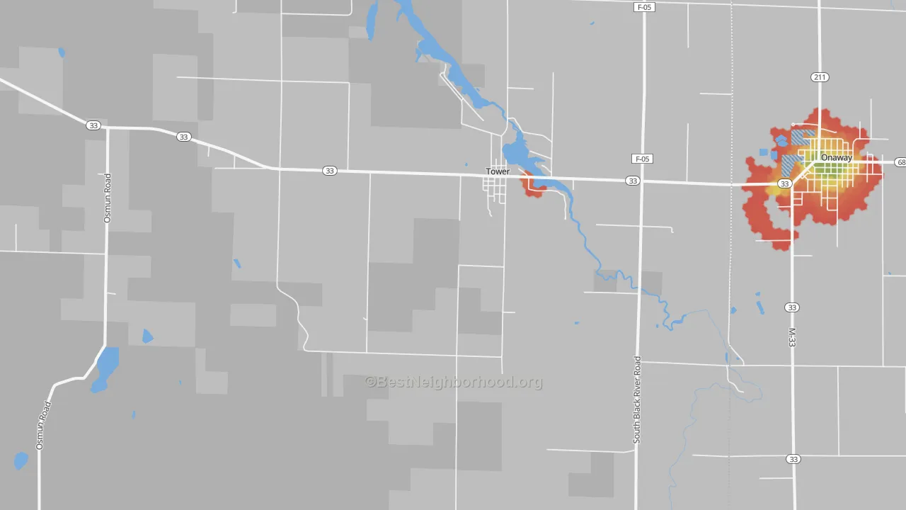 Walk Grade map of Tower, MI, walkable areas in green and car-dependent areas in red