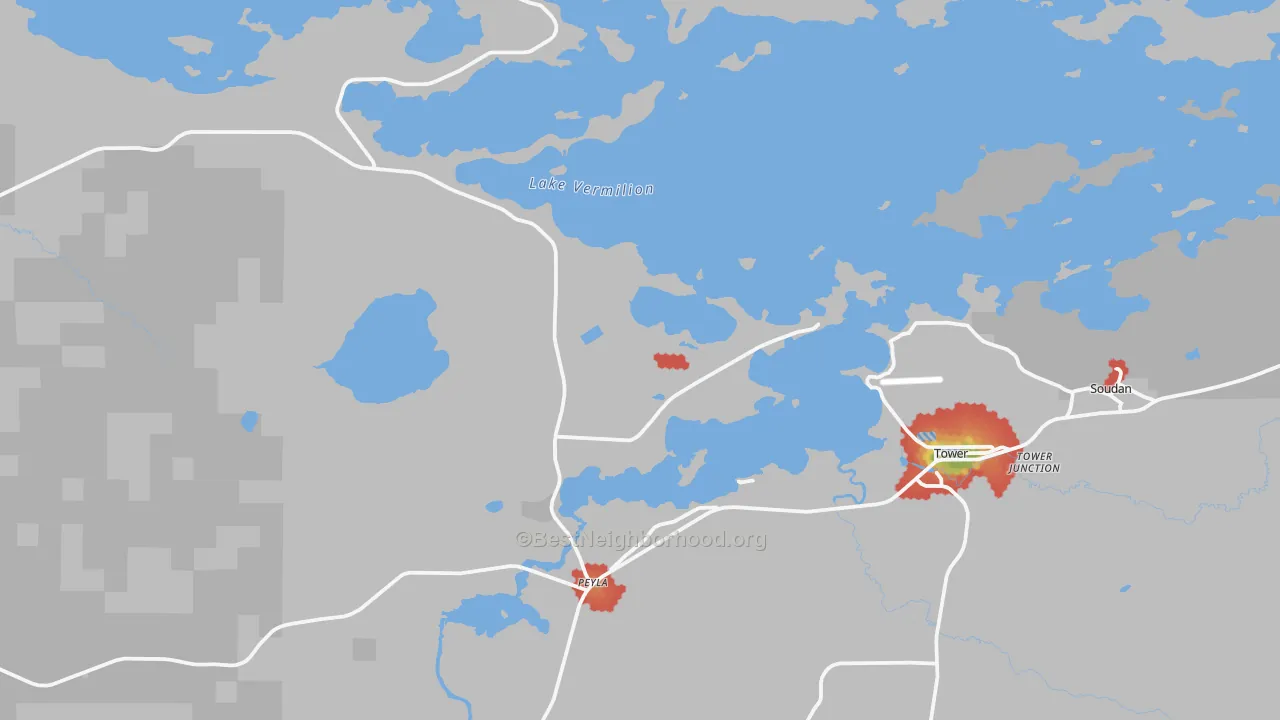 Walk Grade map of Tower, MN, walkable areas in green and car-dependent areas in red