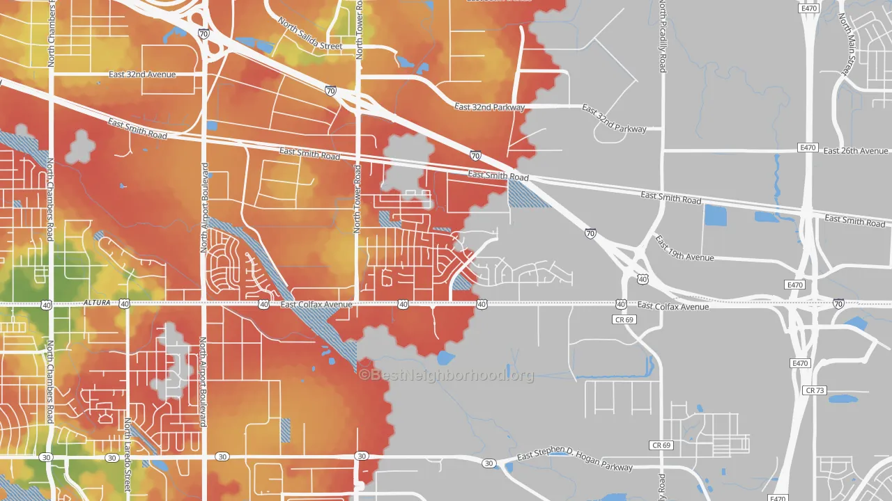 Walk Grade map of Tower Triangle, Aurora, CO, walkable areas in green and car-dependent areas in red