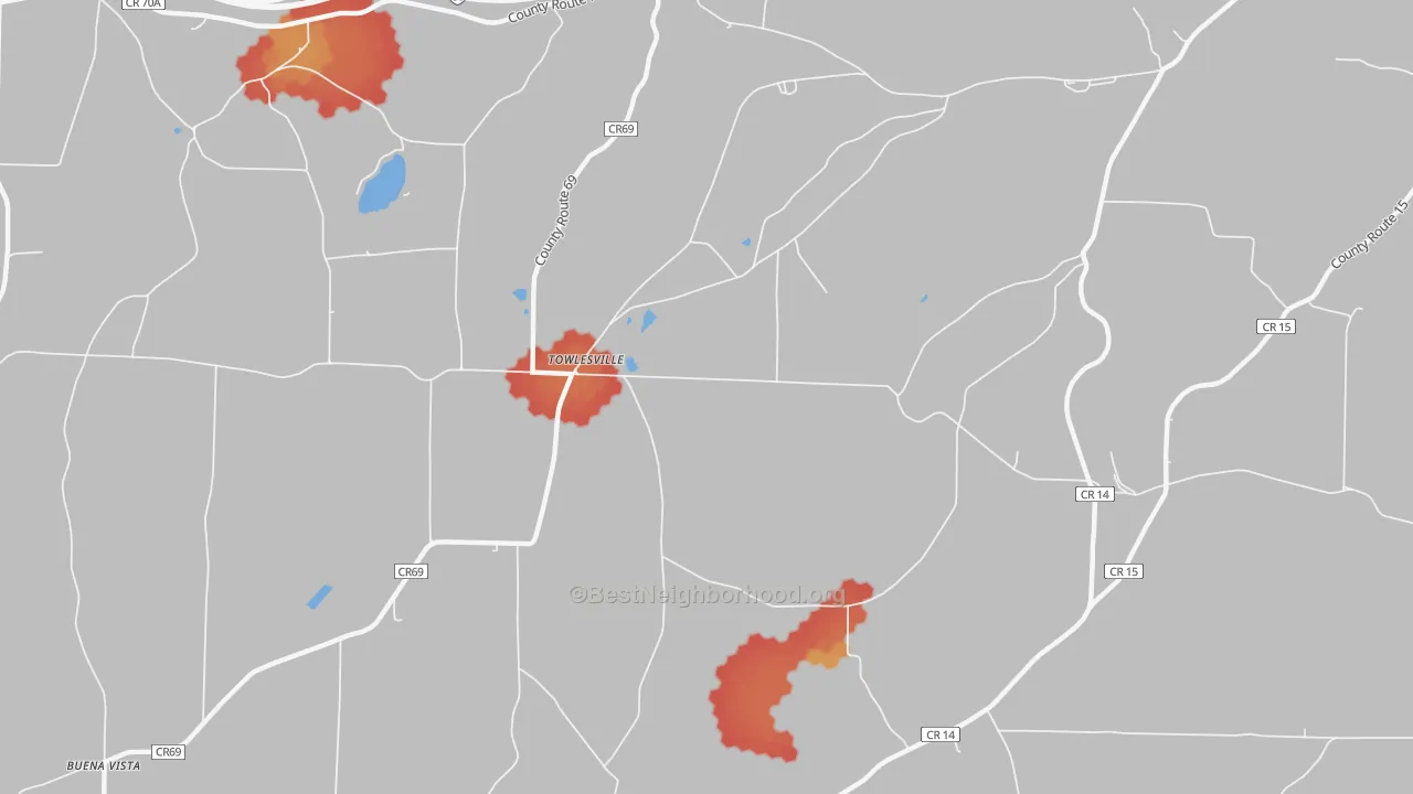 Walk Grade map of Towlesville, NY, walkable areas in green and car-dependent areas in red