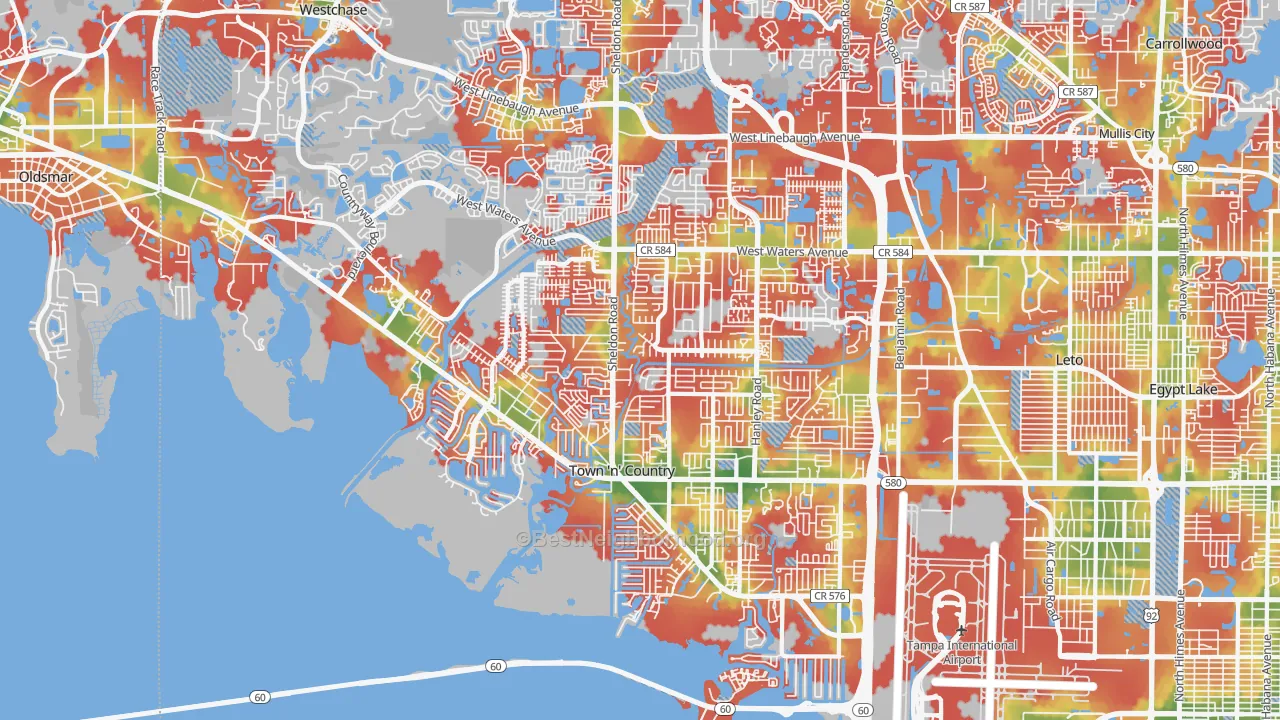 Walk Grade map of Town 'n' Country, FL, walkable areas in green and car-dependent areas in red