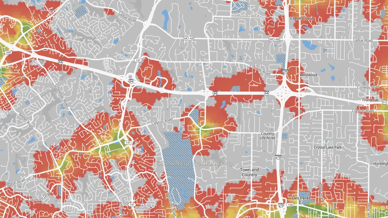 Walk Grade map of Town and Country, MO, walkable areas in green and car-dependent areas in red