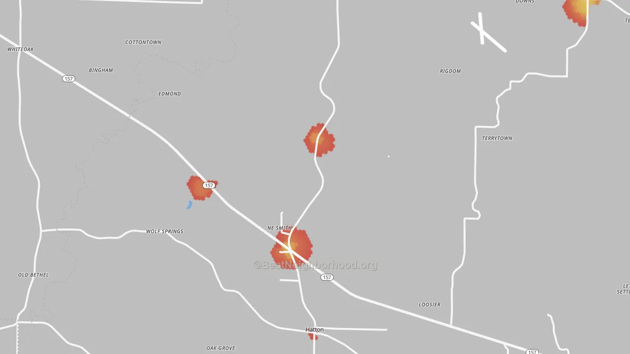 Walk Grade map of Town Creek, AL, walkable areas in green and car-dependent areas in red