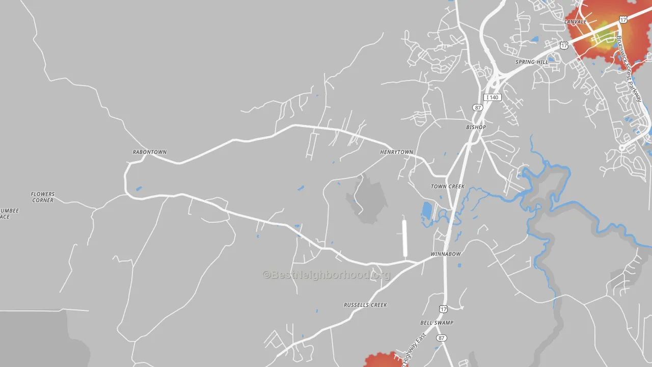 Walk Grade map of Town Creek, NC, walkable areas in green and car-dependent areas in red