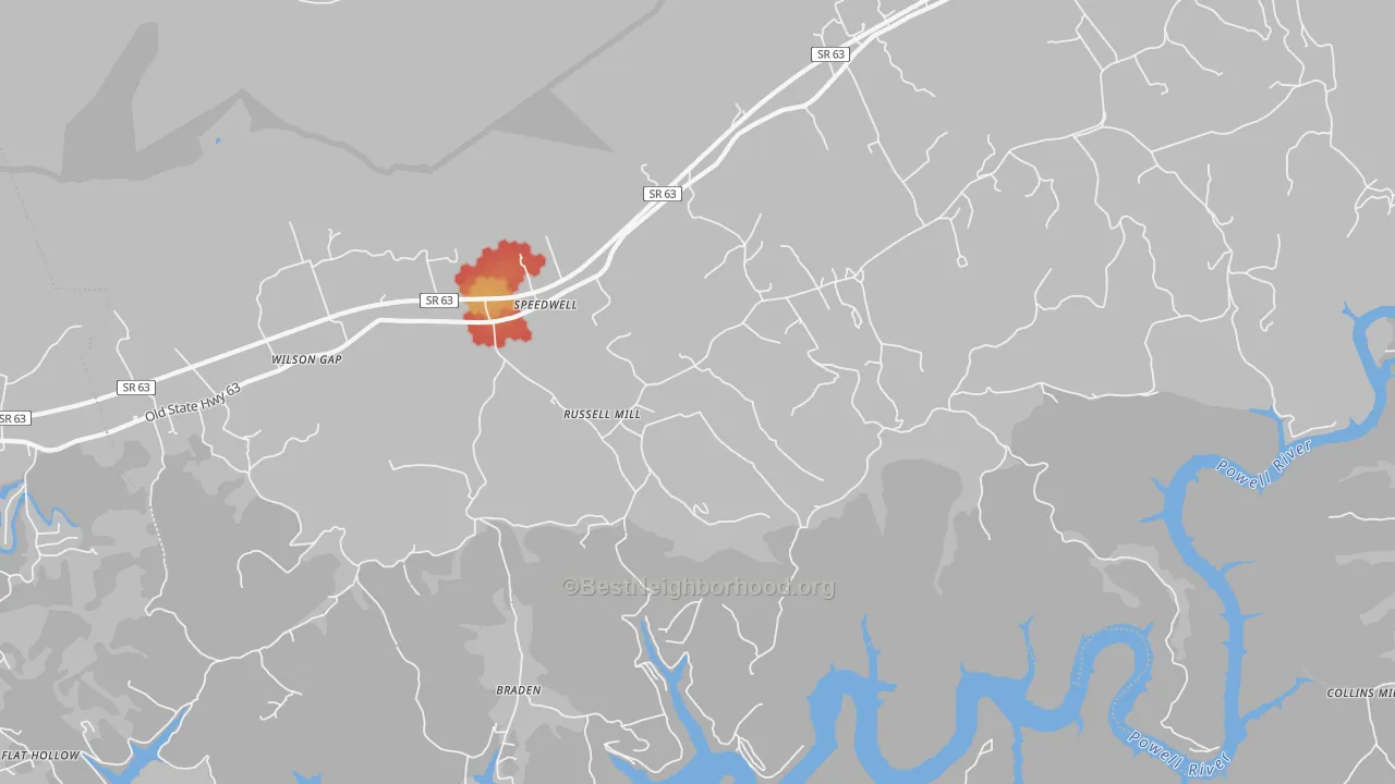 Walk Grade map of Town Creek, TN, walkable areas in green and car-dependent areas in red