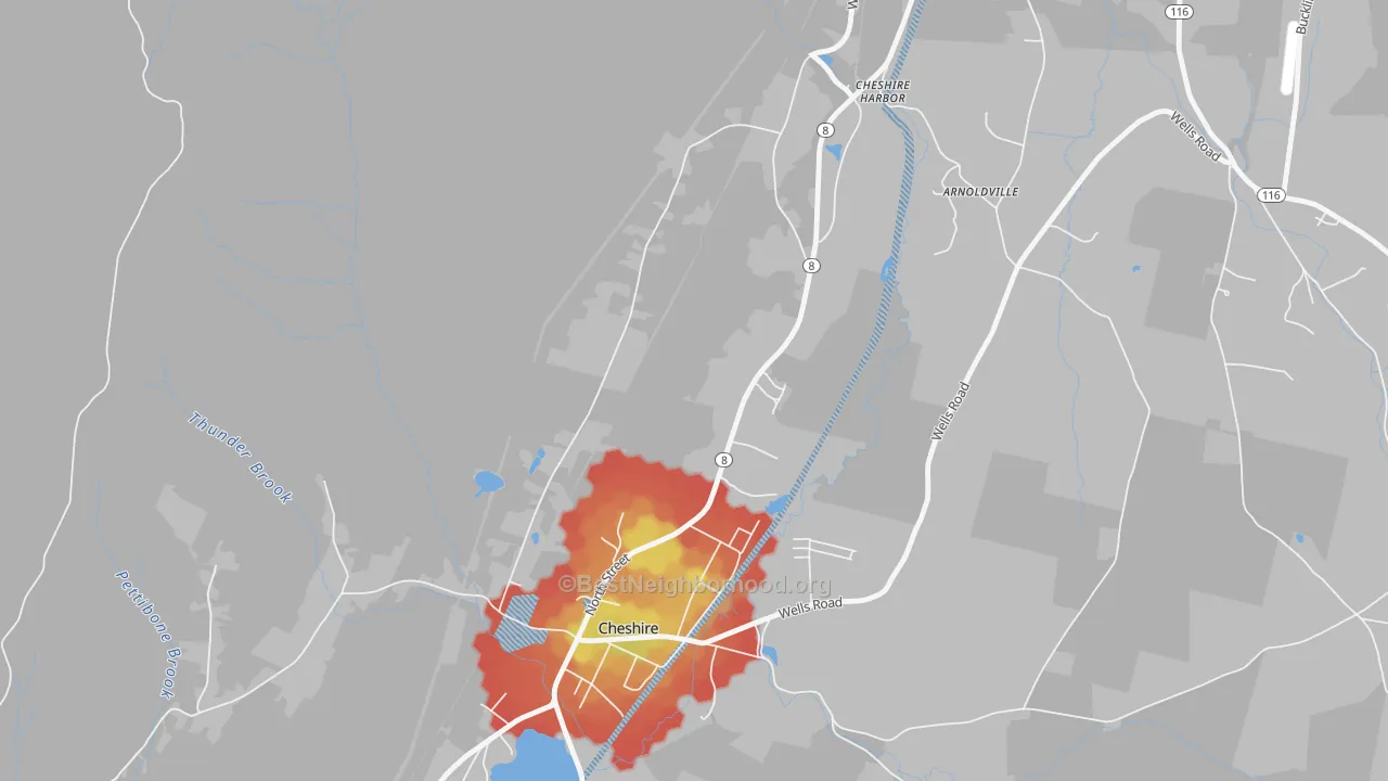 Walk Grade map of Town Crest Village, MA, walkable areas in green and car-dependent areas in red