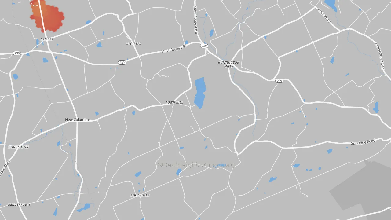 Walk Grade map of Town Hill, PA, walkable areas in green and car-dependent areas in red