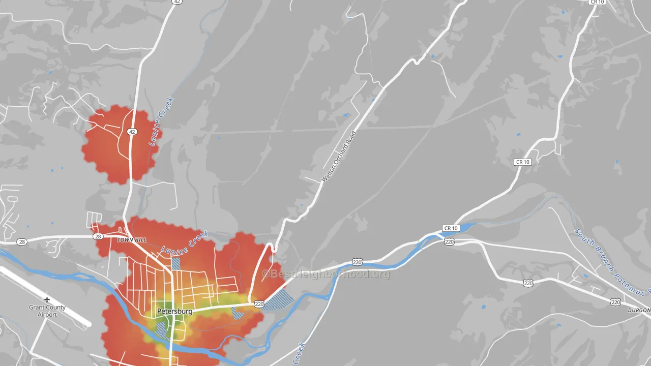 Walk Grade map of Town Hill, WV, walkable areas in green and car-dependent areas in red