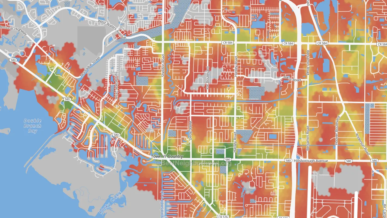 Walk Grade map of Town 'N Country Park, Town 'n' Country, FL, walkable areas in green and car-dependent areas in red