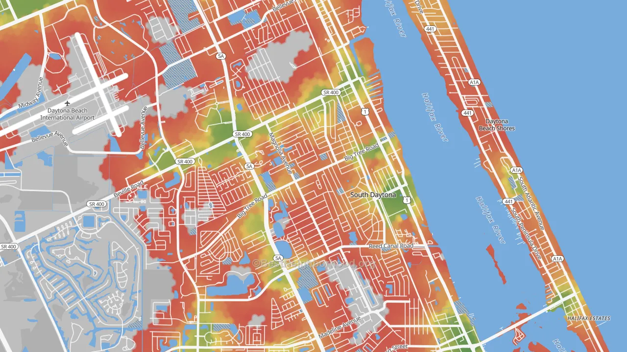 Walk Grade map of Town of Blake, South Daytona, FL, walkable areas in green and car-dependent areas in red