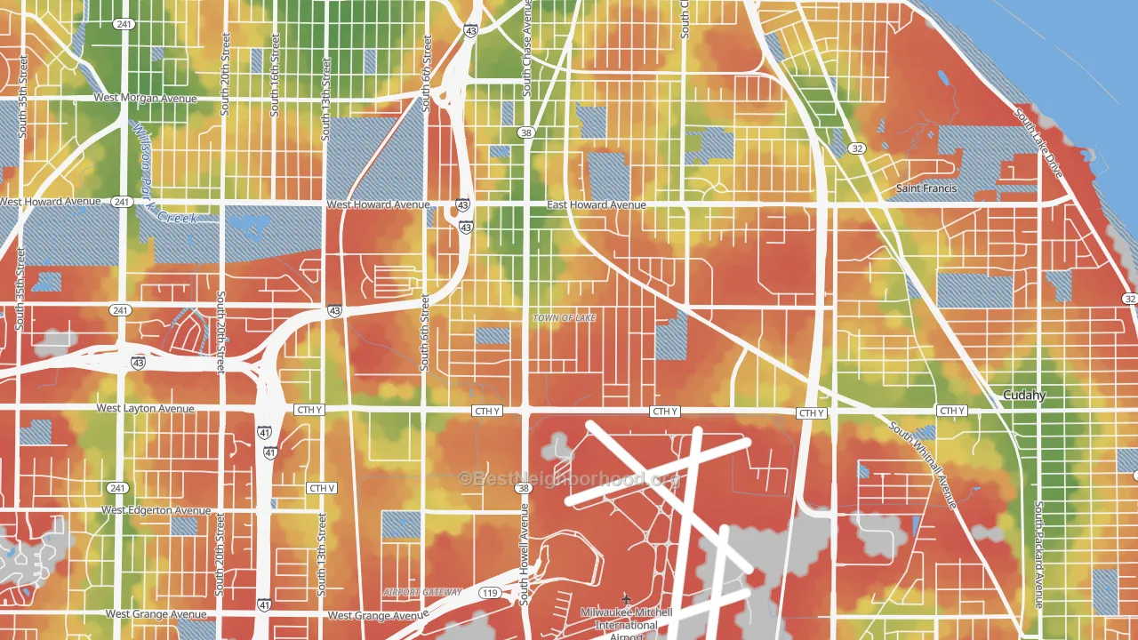Walk Grade map of Town of Lake, Milwaukee, WI, walkable areas in green and car-dependent areas in red