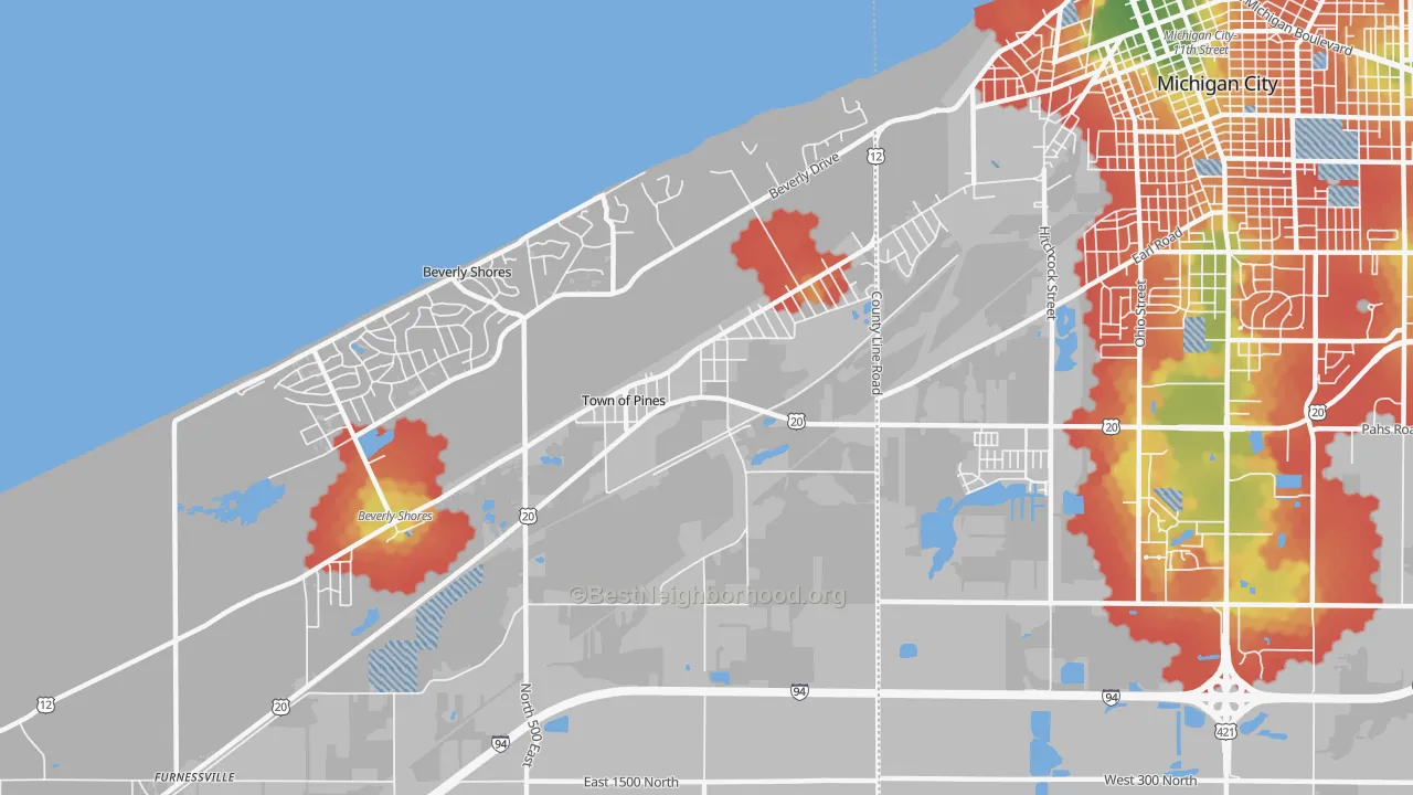 Walk Grade map of Town of Pines, IN, walkable areas in green and car-dependent areas in red