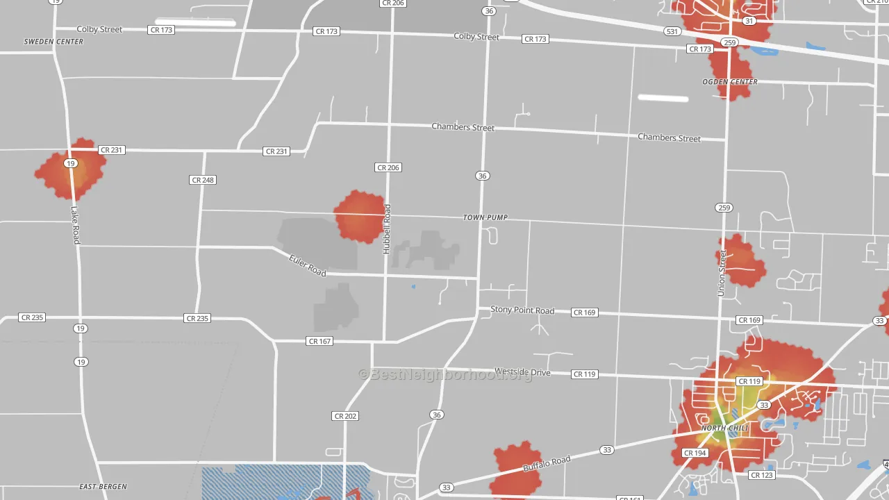 Walk Grade map of Town Pump, NY, walkable areas in green and car-dependent areas in red