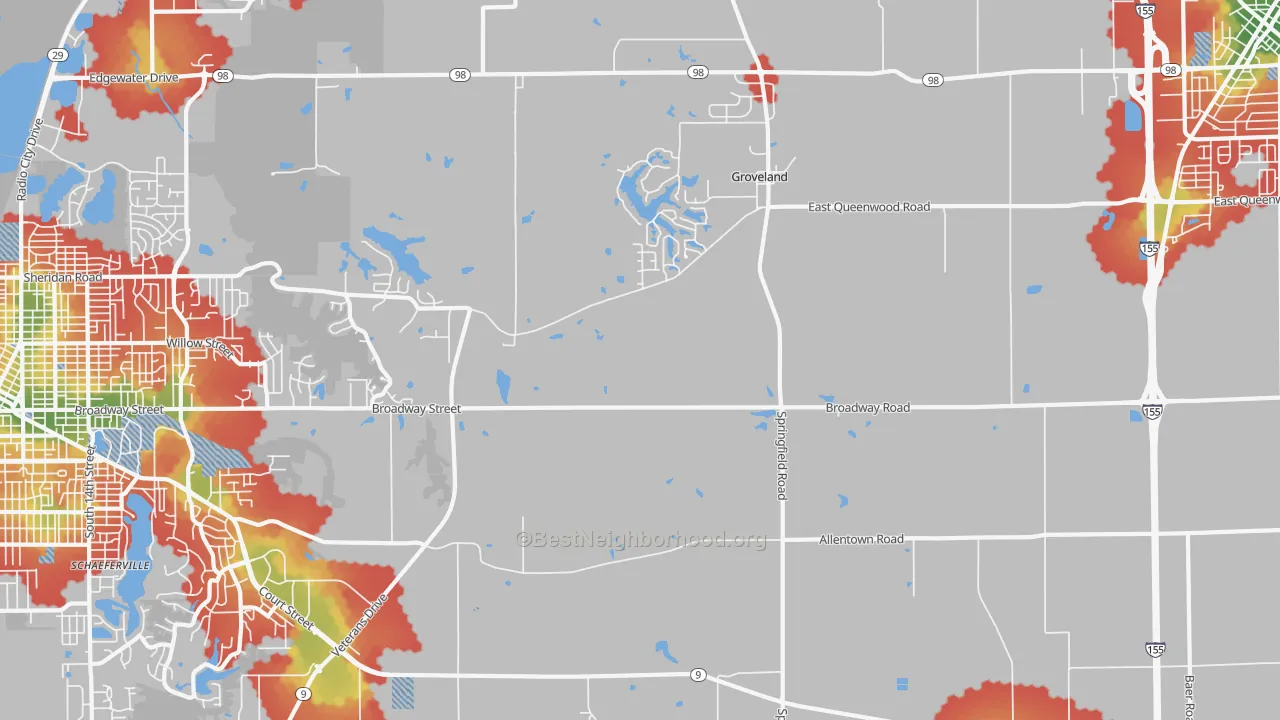 Walk Grade map of Towne Oaks, IL, walkable areas in green and car-dependent areas in red